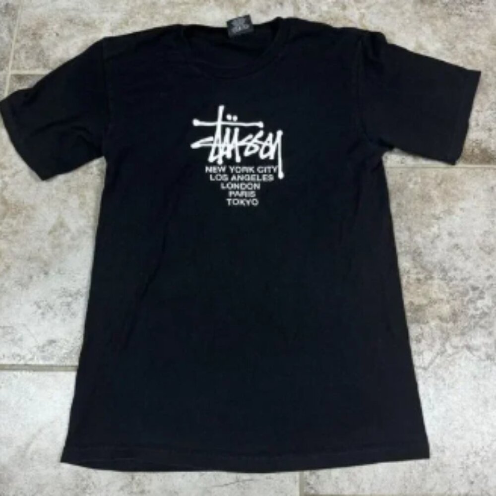 Vintage Stussy Shirt Mens Small Black Big Cities Short Sleeve Skateboard 90s